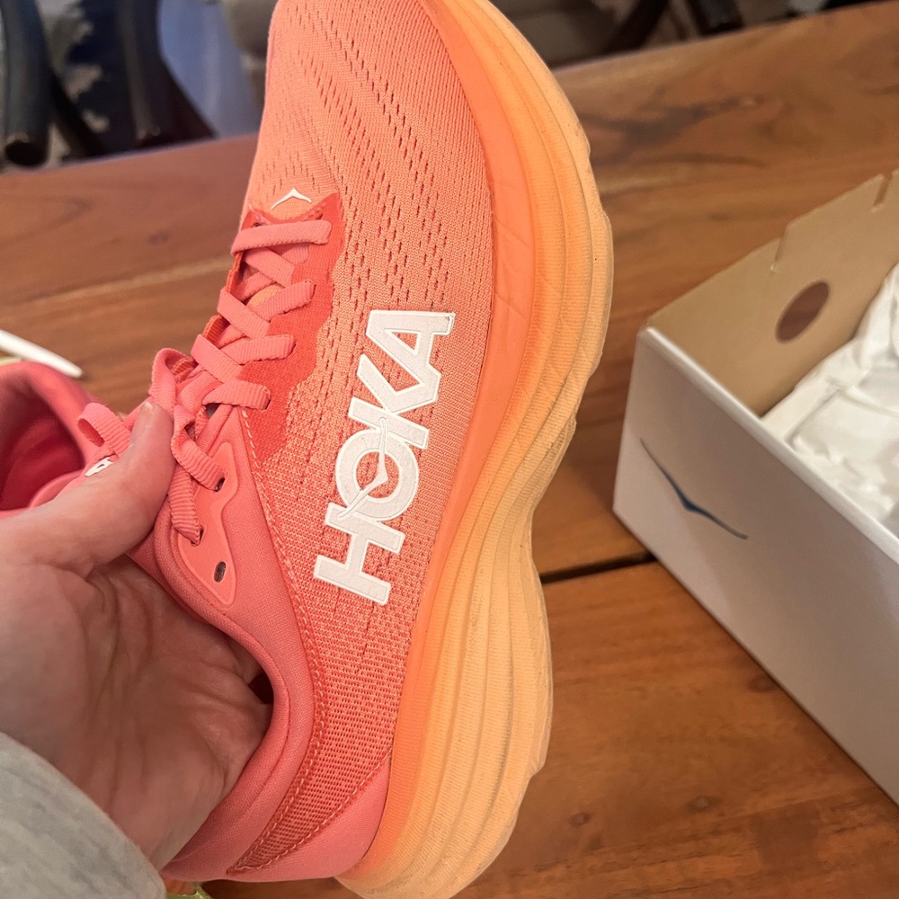 Hoka Bondi 8 Pink Orange Athletic Shoes